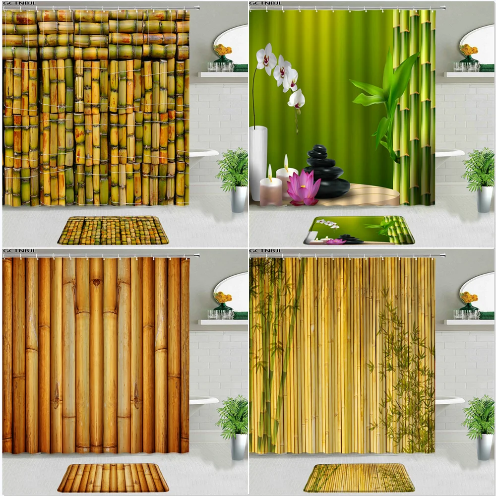 

Green Plants Flower Bamboo Shower Curtains Set Bath Mat Rugs Zen Stone Luxury Polyester Cloth For Bathroom Decor Non-slip Carpet