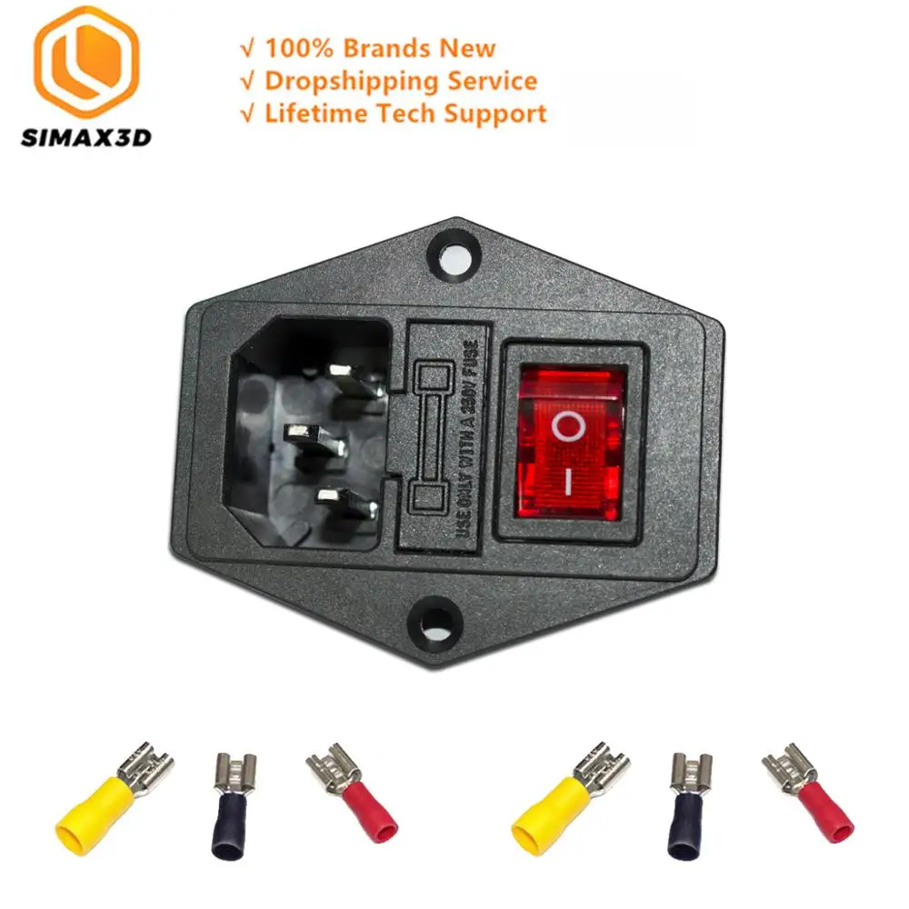 

SIMAX3D hotend 3d printer parts 15A 250V Power Switch AC 3pin power socket with red triple Rocker Switch 3d print kits wholesale