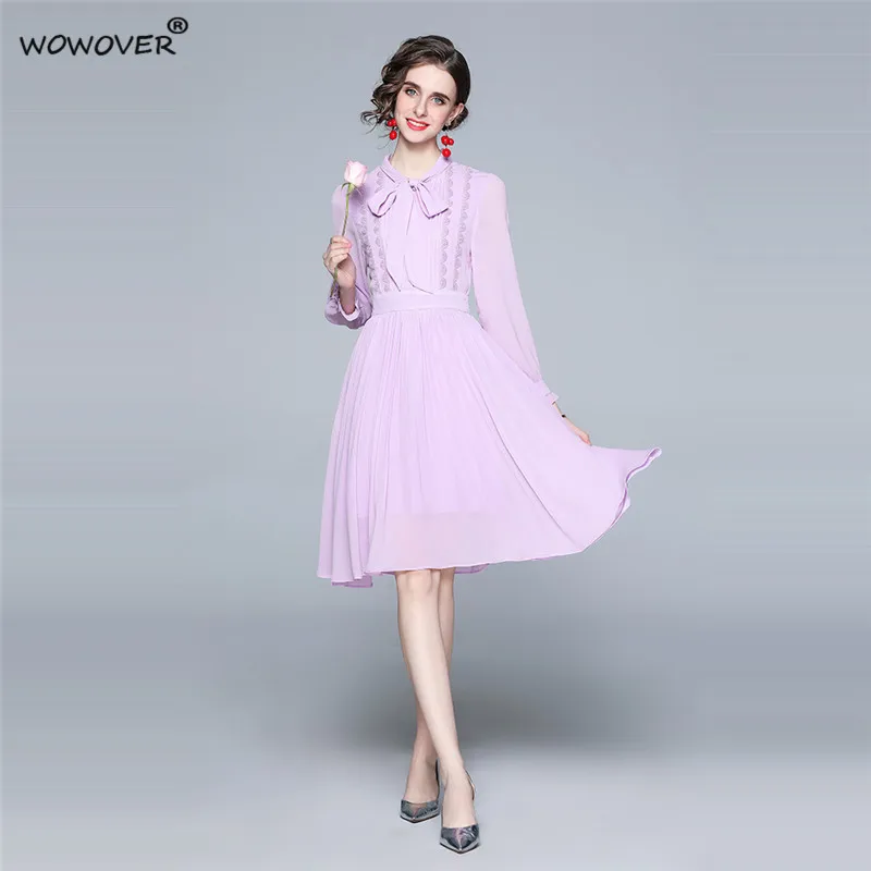 

Runway Fashionable Spring Summer Long Sleeve Bow Collar Pleated Chiffon Party Dress Boho Beach Robe Femme Elegant Woman Vestidos