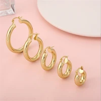 new real gold color plated brass glossy round hoop earrings for women geometric circle 5mm thick earrings girls jewelry gifts