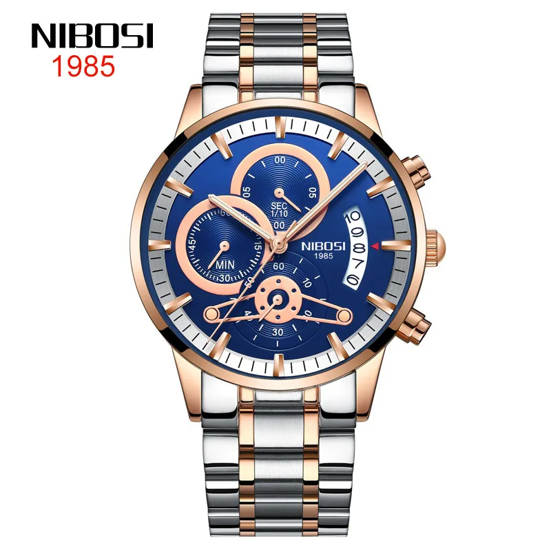 NIBOSI Stainless Steel Chronograph Quartz Watch Mens Watches Top Brand Luxury Men Military Sport Wristwatch Men Relogio Masculin