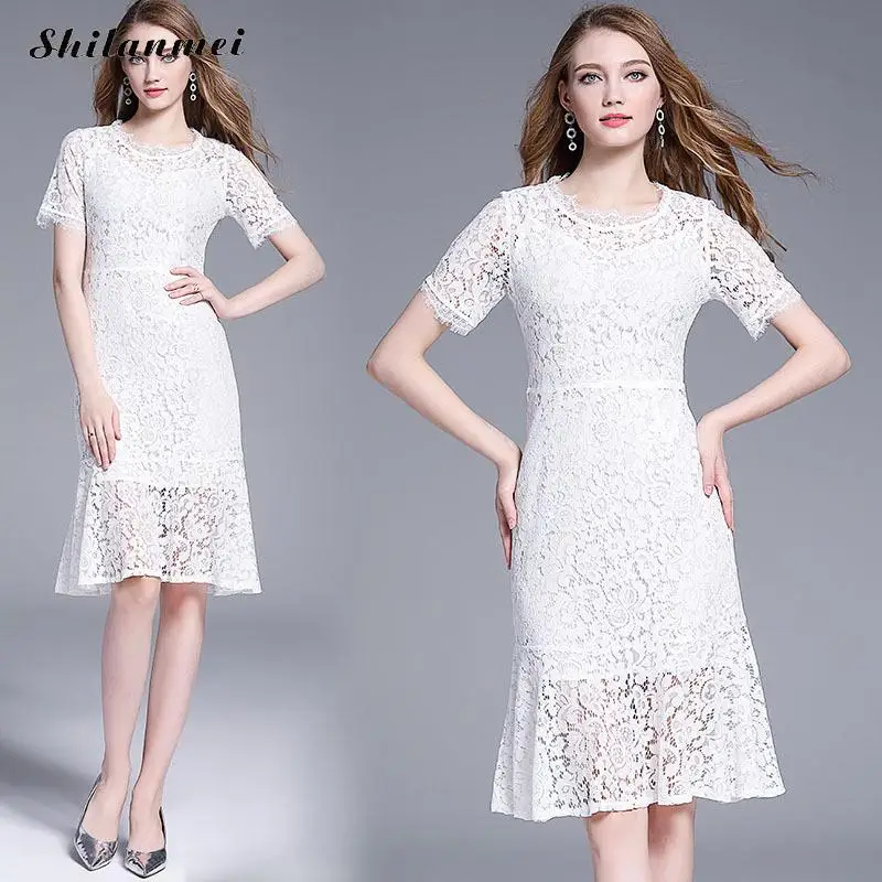 2019 лето осень офисное платье женское OL Сексуальное Белое Кружевное крючком