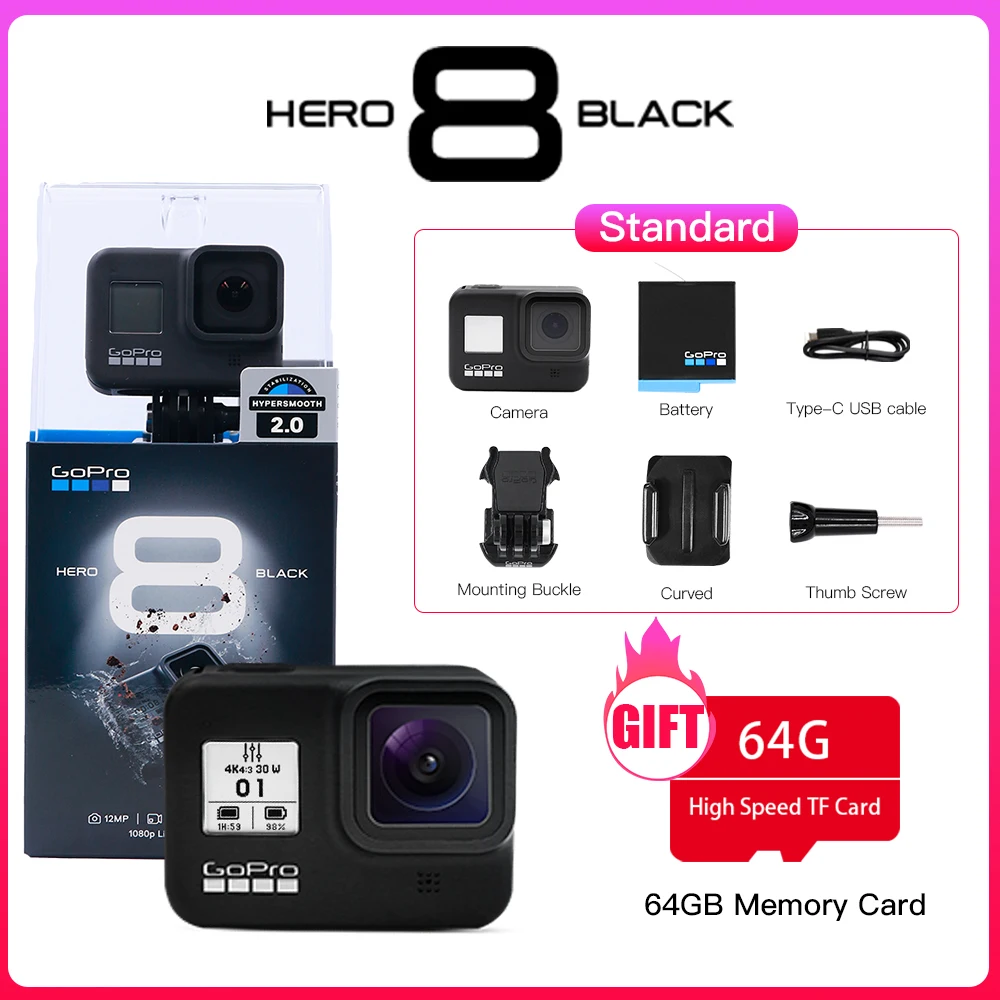  Original GoPro HERO 8 Black Action Camera Go Pro Waterproof Sport Action Camera 4K Ultra HD Video 1080p Portable Live Streaming 