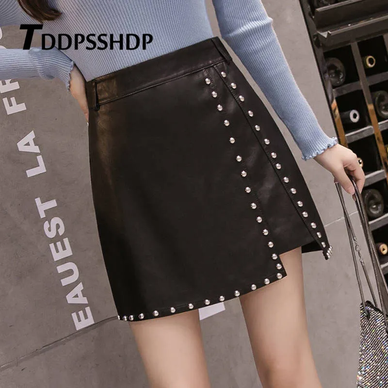 

Rivet Decor Package Hip Pu Leather Women Skirt Slim 2019 All Match High Waist A Line Female Skirts
