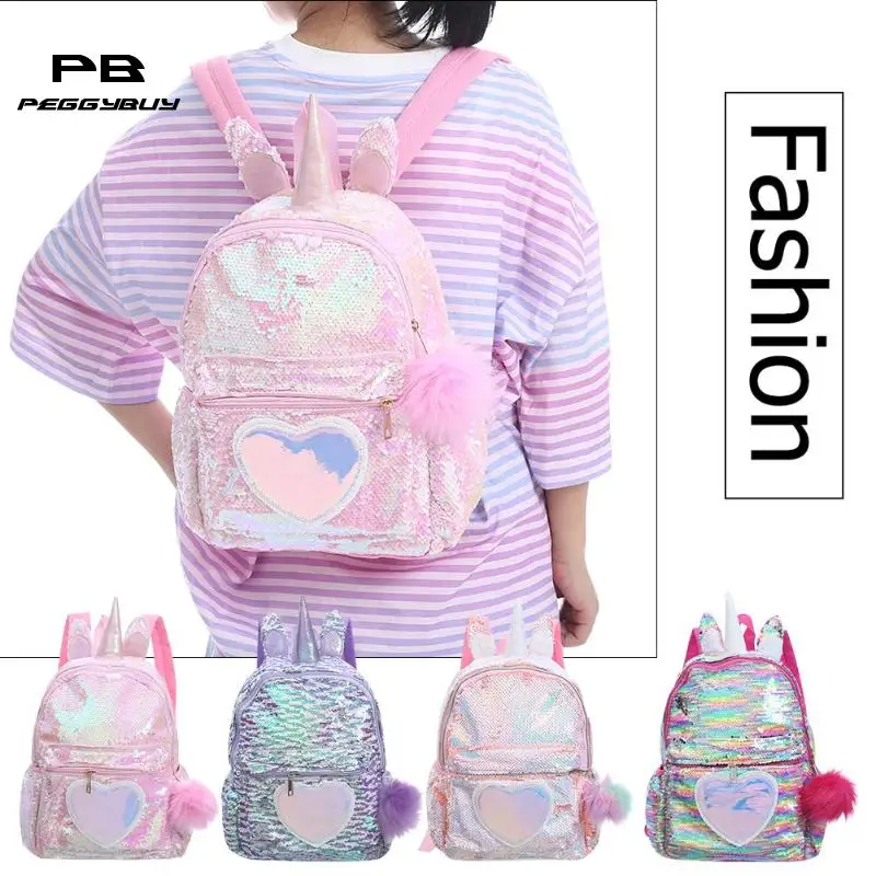 Cute Heart Sequins Travel Backpacks Kids Girls Glitter Shoulder Schoolbag