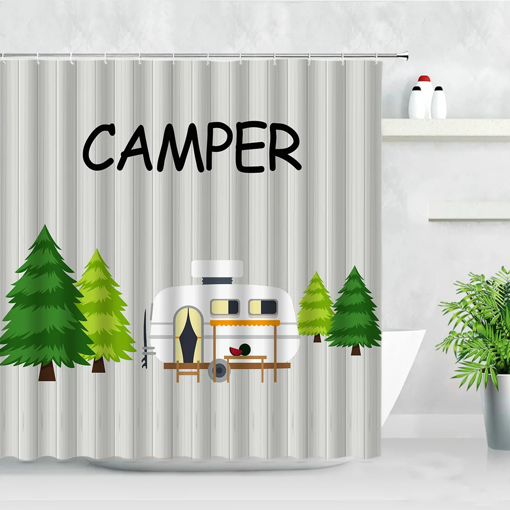 creative camper shower curtains pine touring car wood board backdrop printing waterproof decor screen hooks bathroom curtain set free global shipping