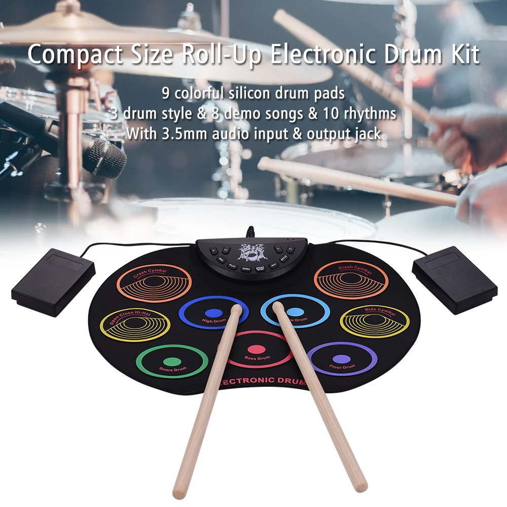 

A Series of USB Roll-Up Silicon Drum Set Digital Electronic Drum Kit 7 Drum Pads with Drumsticks Foot Pedals for Beginners HOT