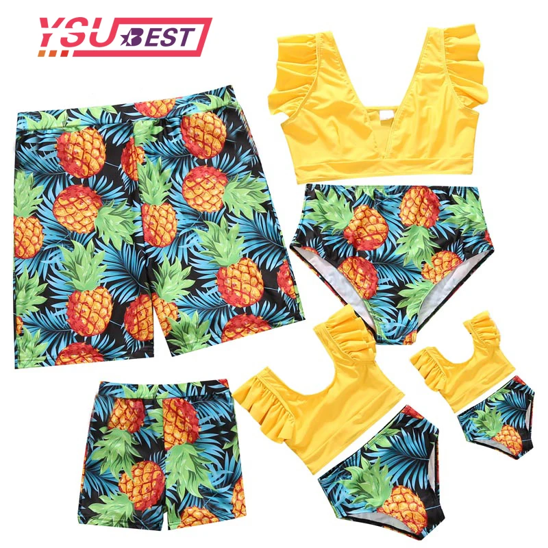 Купальники с оборками на рукавах желтый для мамы и дочки | Мать ребенок