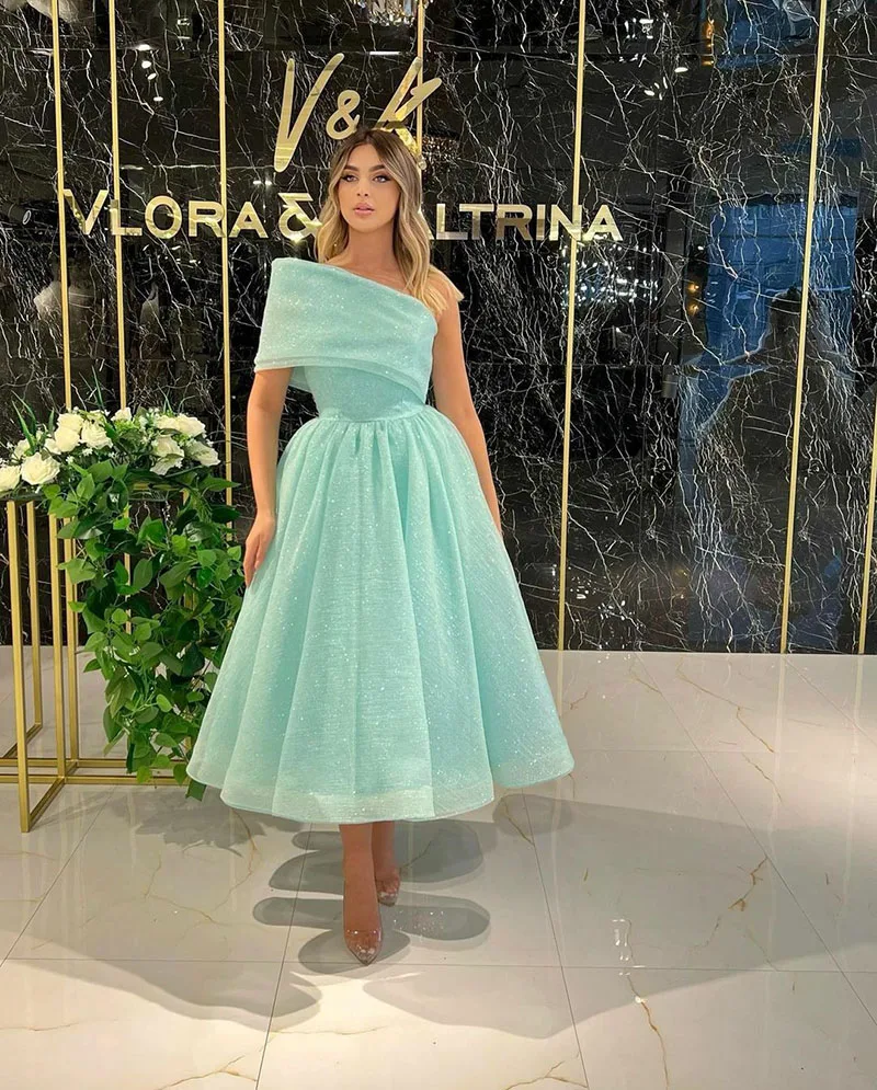

Boho A Line Prom Dress Robes De Soirée Strapless One Shoulder Shiny Tulle Vestido De Fiesta Tea Length Women Party Gowns