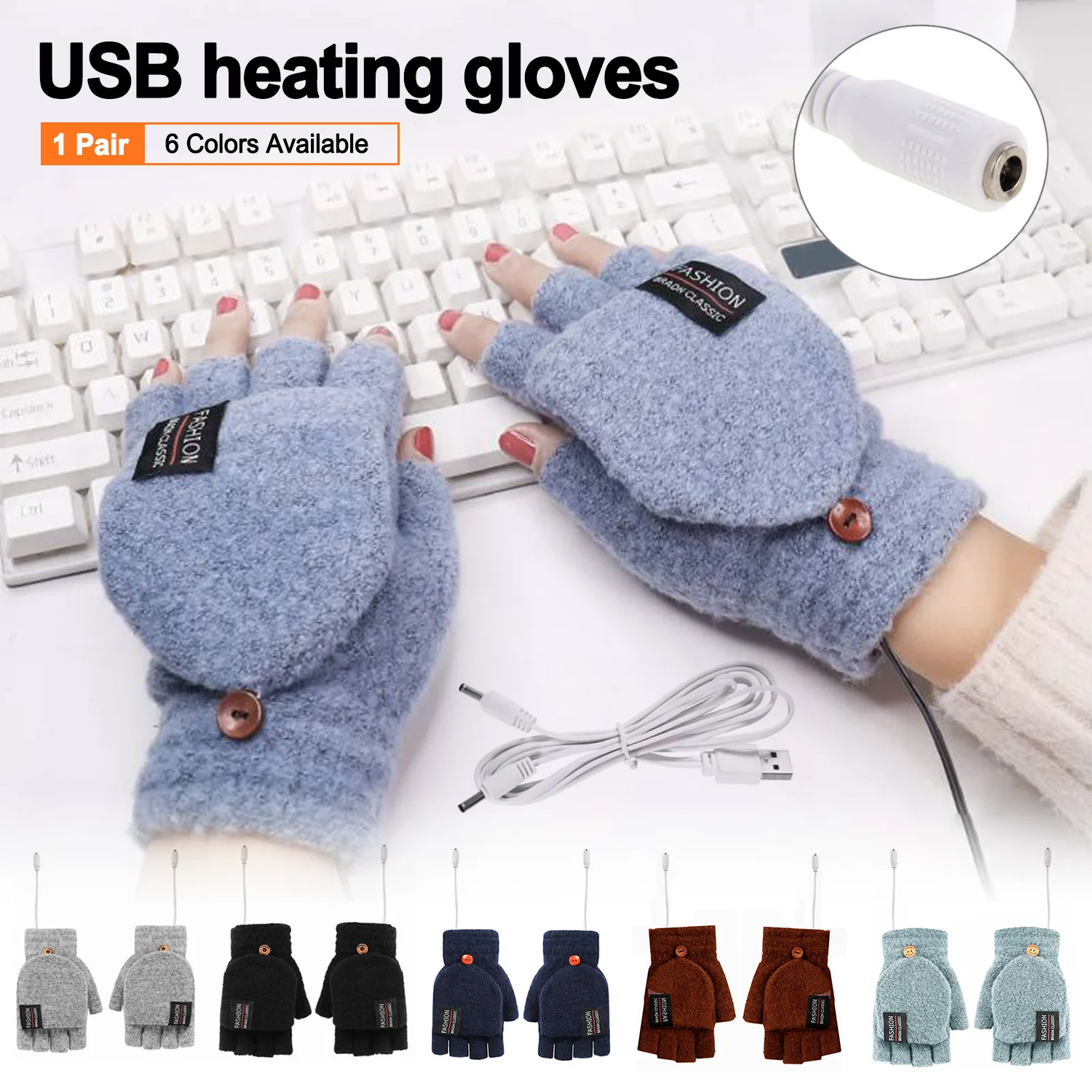 

1Pair 6 Colors Winter Office USB Heating Warm Gloves Heated Pad Cycling Gloves Half Finger with Cover 5V Power Supply 40-50°