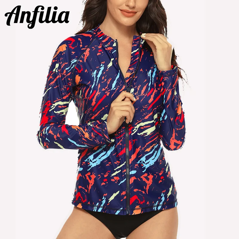 

Anfilia Women Long Sleeve Rashguard Shirt Front Zipper Swimwear Zabra Print Surfing Top Hiking Shirt Rash Guard Shirts UPF50+