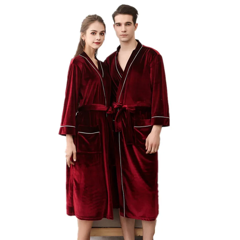 

Bathrobe female gold velvet yukata long section solid color spring and autumn nightgown male couple pajamas home service