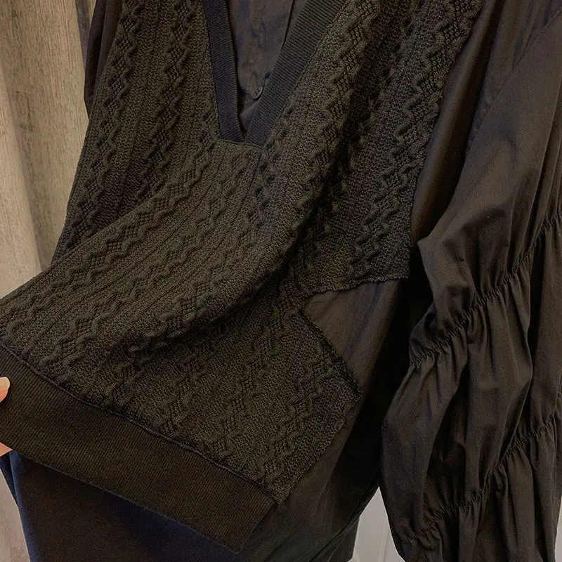 

SONDR 2021 Spring Women Fashion Casual Blouse Turn-down Collar Long-sleeved Patchwork Knit Vest Minimalist Loose Shirt 8Q858