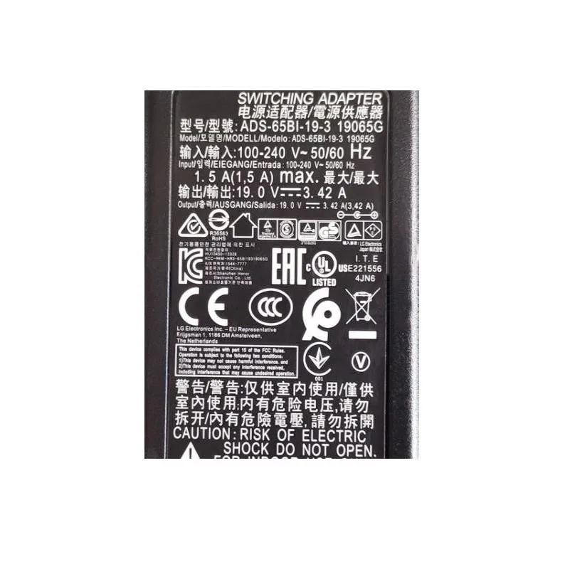 Оригинальный адаптер переменного тока 65 Вт Внешнее зарядное устройство 19065G для LG