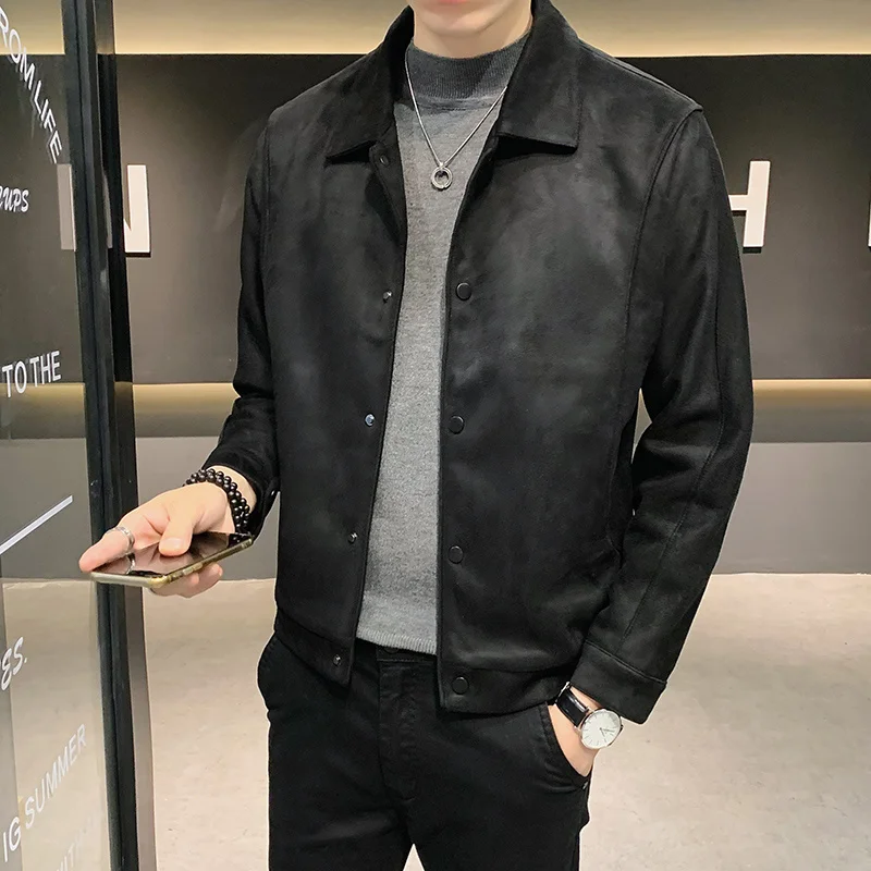 Мужская замшевая куртка с длинным рукавом повседневная приталенная