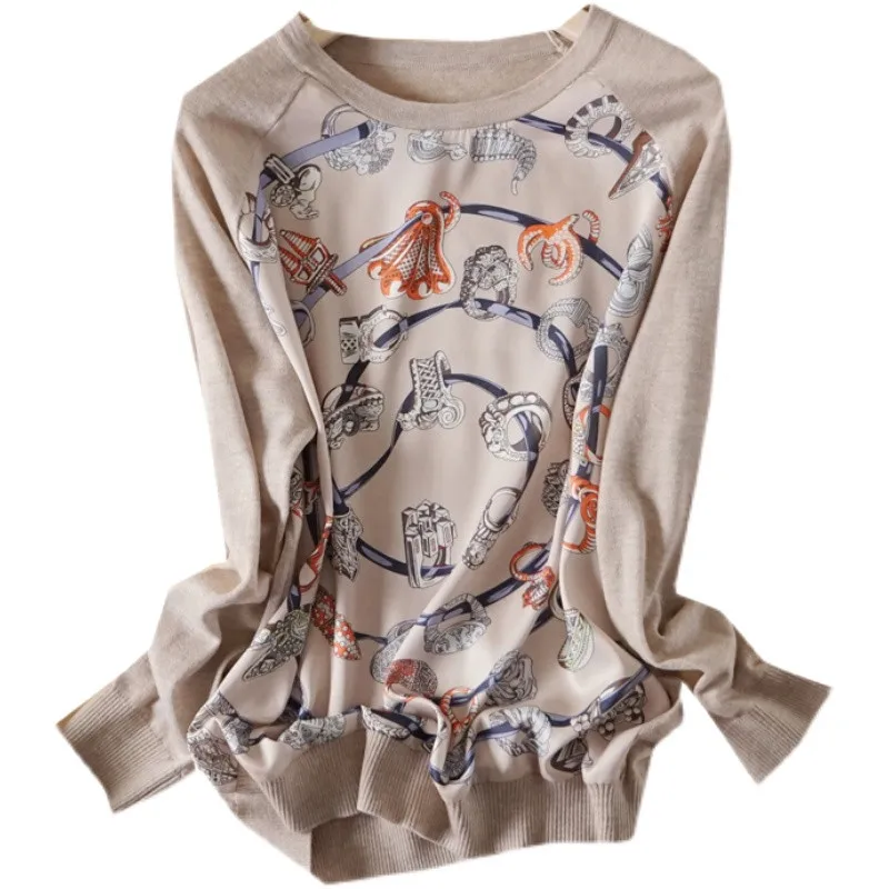 

Новые модные женские туфли; Сезон весна-осень; Футболки из атласного шелка спереди лоскутное cashere вязанная футболки для девочек топы с О-обр...