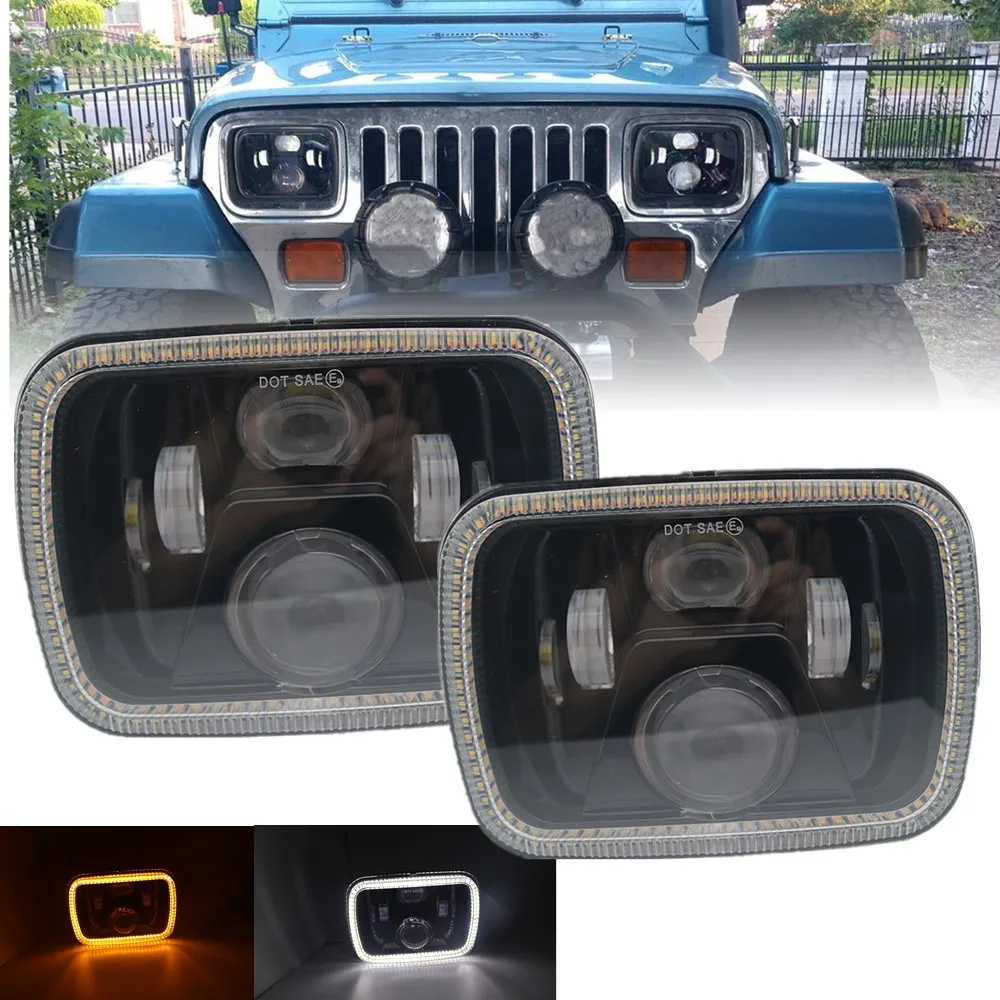 2 шт., прямоугосветодиодный светодиодные фары 5x7 7x6 дюймов для Jeep Wrangler YJ Cherokee XJ H6014 H6052 H6054 с DRL сигналом поворота Halo