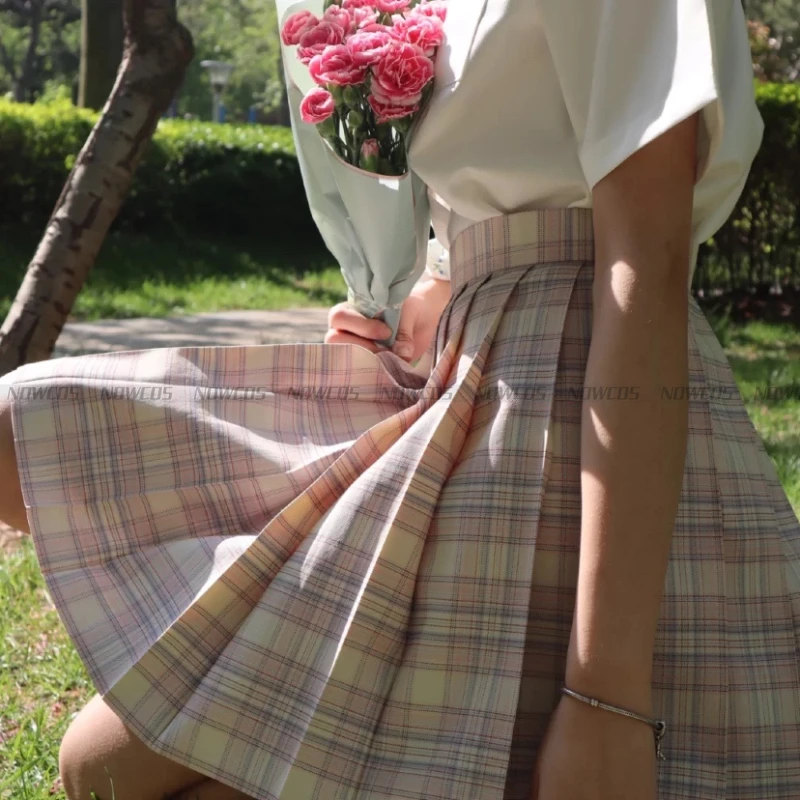 

[Honey Peach with cheese] Girls Short Sleeve High Waist Pleated Skirts Plaid Skirts Women Dress For JK School Uniform Students