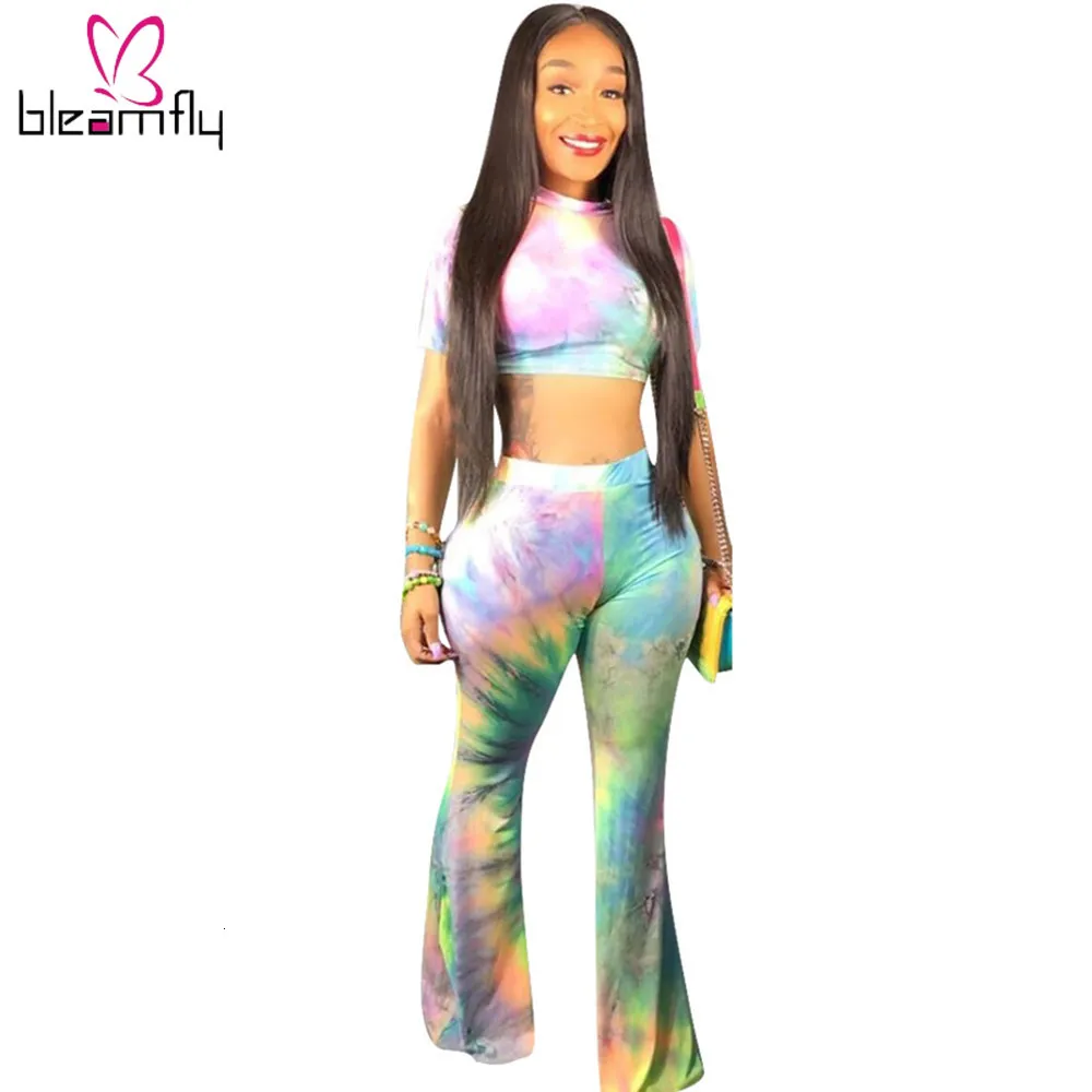 Женская Летняя короткая футболка с принтом Tie Dye Galaxy топ широкие штаны костюм