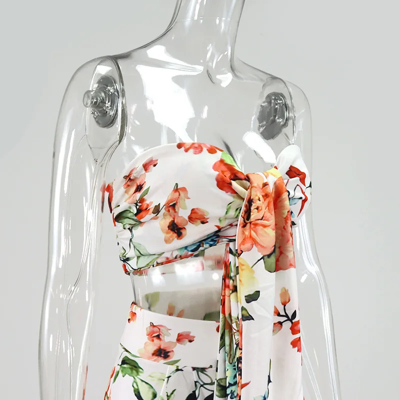 

2 Two Piece Set Floral Crop Top Long Pant Women Sets Summer Sexy Off Shoulder Knotted Tops Wide Leg Pants Party 2 Piece Sets
