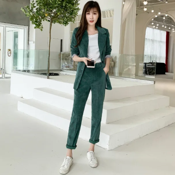 Однотонные Вельветовые женские брючные костюмы однобортный Блейзер пиджак