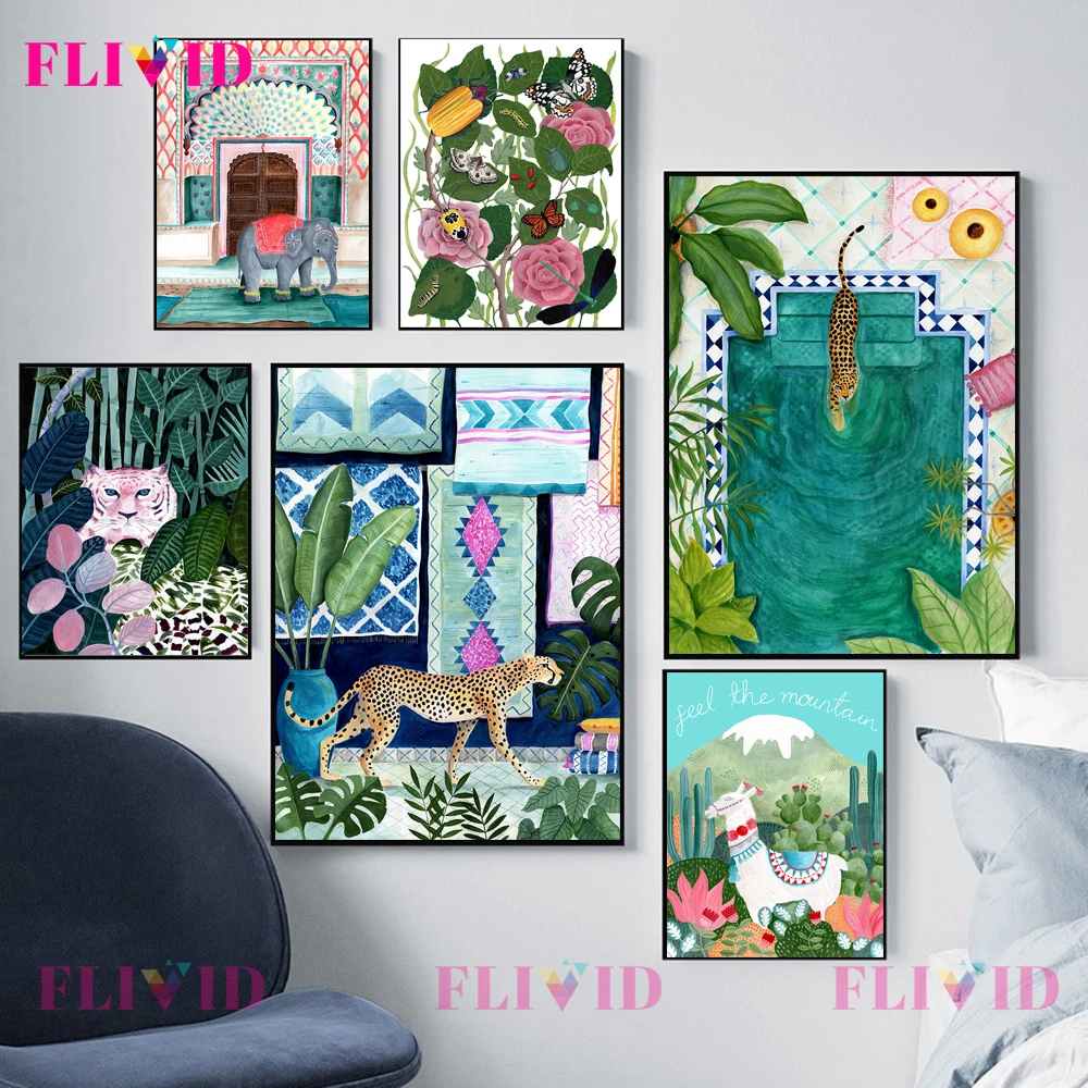 

Cartoon Tiger Wild Animals Plants Nordic Poster Leopard Wall Art Canvas Painting Alpaca Wall Pictures For Living Room Unframed