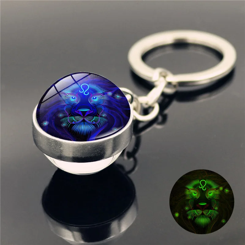 

Glow in The Dark Zodiac Keychain Jewelry with Glass Ball Gemini Leo Virgo Double Side Keychain for Men Women Gift