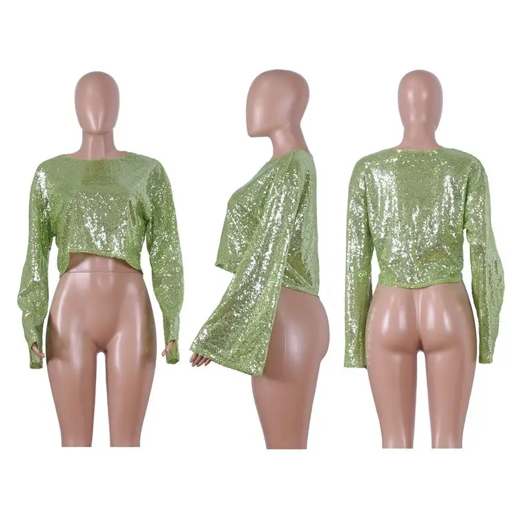 

S112 good quality flared long sleeve crop sequins Latest Design 2020 Fashion Clothing Women Blouse