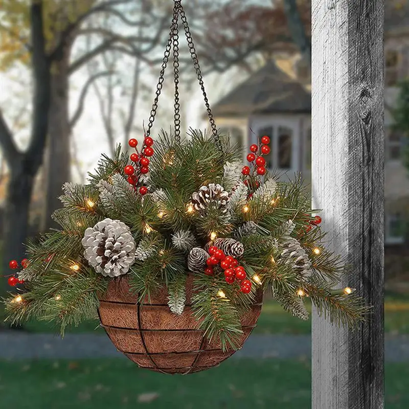 

Exquisite Christmas Flower Basket Hanging Decor Glowing Pendant Xmas Ornament Artificial Plant Home Navidad Supplies