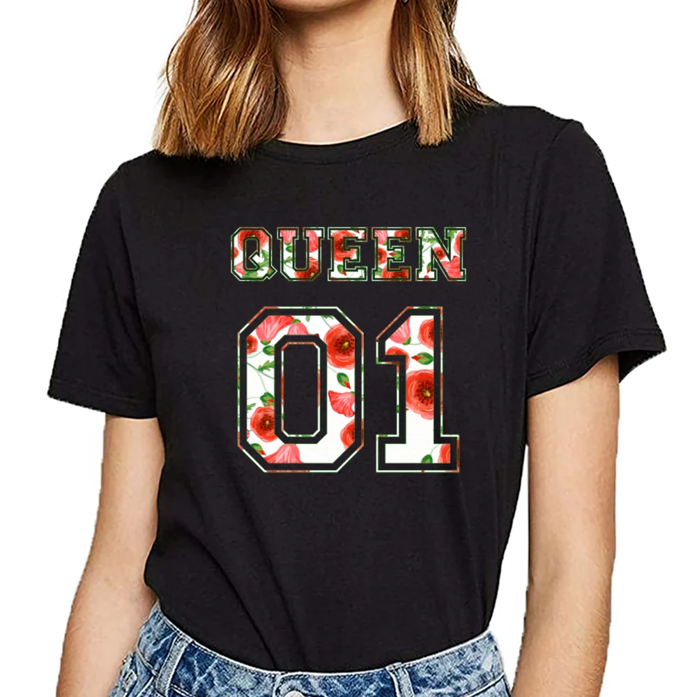 

Tops T Shirt Women 01 king and queen Design Black Cotton Female Tshirt