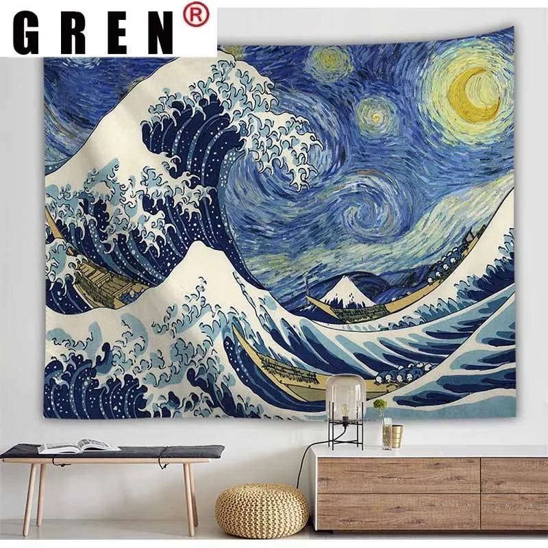 

GREN Van Gogh Landscape Ocean Wave Soaf Background Tapestry Wall Cloth Hanging Home Decor Wall Art Posters Tapestry Living Room