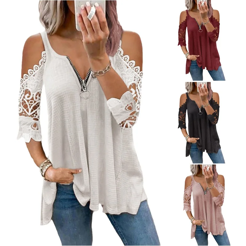 

Plus Size Woman Girls Lace Off Shoulder V-Neck Zipper Solid Color Loose T-shirt Tee Summer Clothes