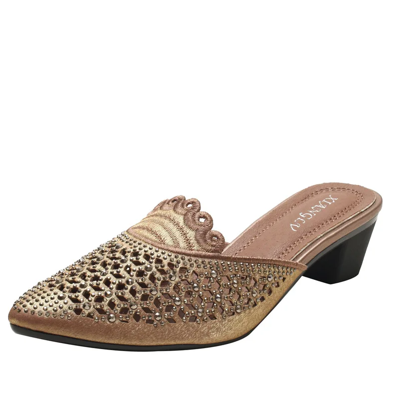 

Foreign Trade Baotou Half Slippers Women Summer New Style Thick Heel Rhinestone Pointed Toe Fashion Ladies High Heel Sandals