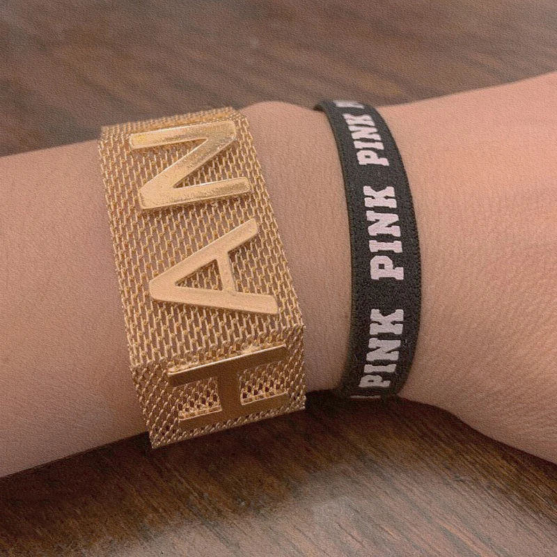 

Luxury Letter Bracelets For Women Thick Link Chain Bling Golden Copper Bangles Fashion Jewelry Accessories Gift