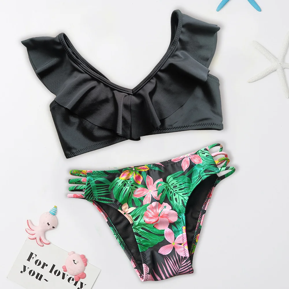 

Ruffle Girl Swimsuit Kids 7-14Years Two Piece Children's Swimwear Tropical Floral Girl Bikini Set Padded Girls Bathing Suit 2022
