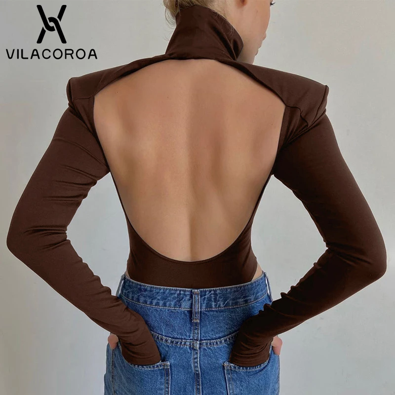 

Sexy Skinny Hollow-Out Backless Women's Bodysuit Elegant Turtleneck Long Sleeved Stitching Tops Vintage Bodysuits Woman Clothing