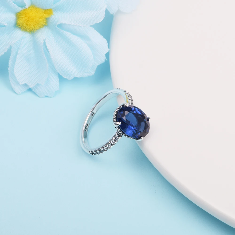 

Fashion Female Rings Sparkling Statement Halo Ring Blue Stone Sterling Silver Jewelry Rings For Woman Party Proposal