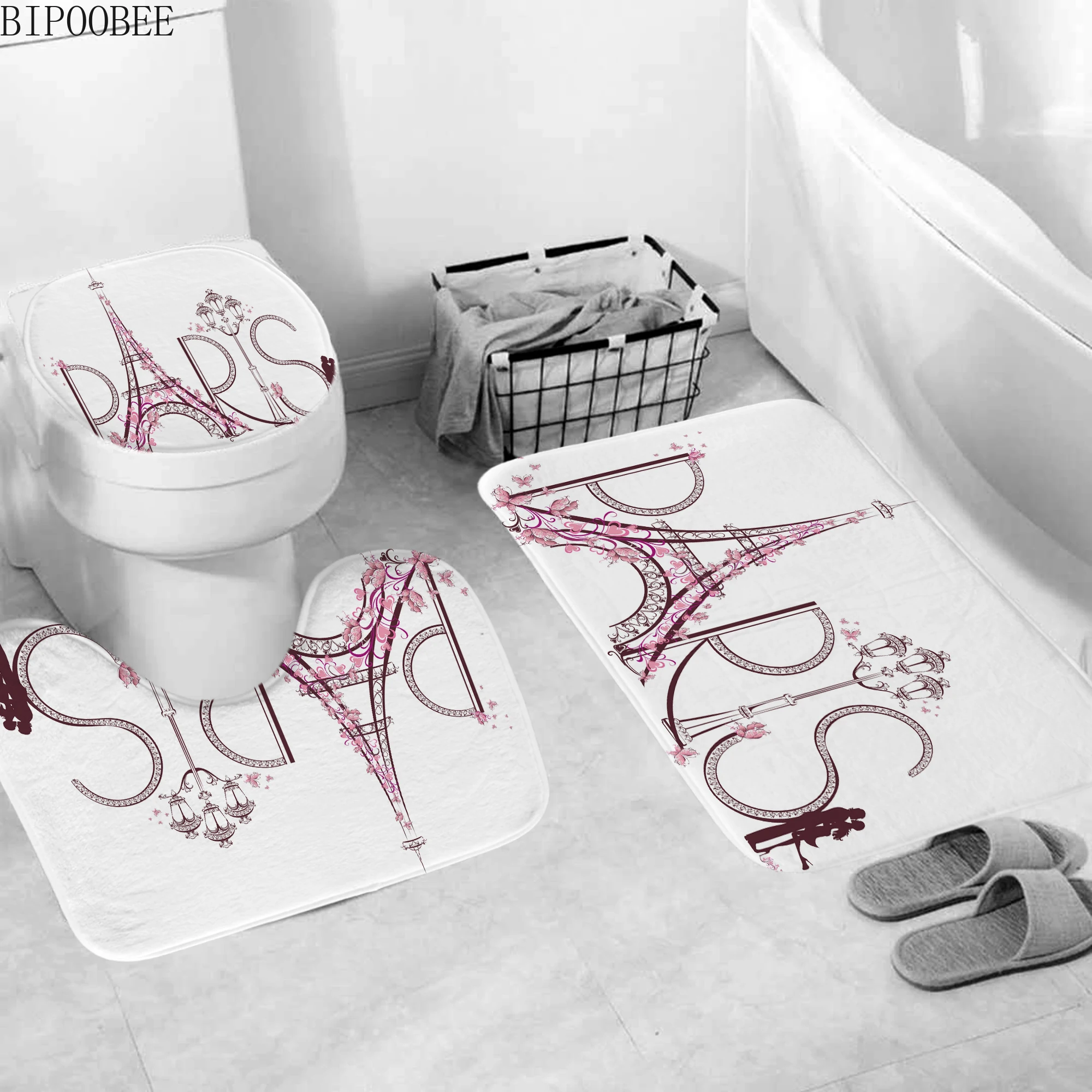 Розовая бабочка Эйфелева башня печати Душ Шторы s Ванная комната белый коврик для