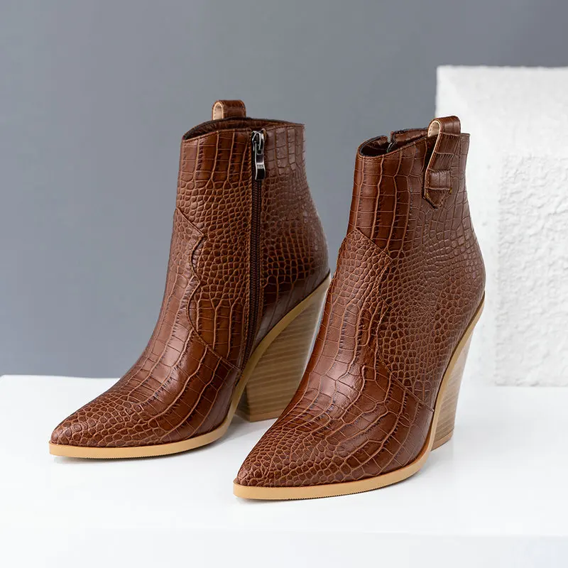 Fashion Ankle Boots Women Faux Leather Wedges High Heels Western Boots Pointed Toe Zipper Autumn Winter Short Boots Woman Shoes