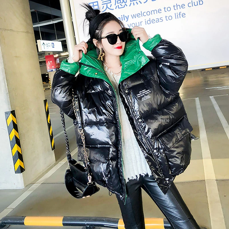 Черное зимнее пальто в стиле оверсайз женские свободные парки с капюшоном и