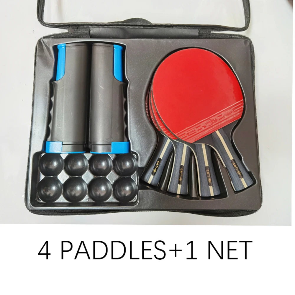 Professional Double-sided rubber Table Tennis Racket Set with 4 ping pong paddles + 1 net pingpong bat