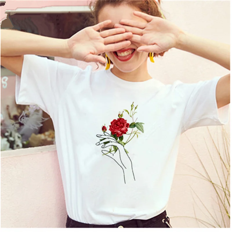 Женская футболка с принтом AOWOF модный красная роза свободная коротким рукавом и