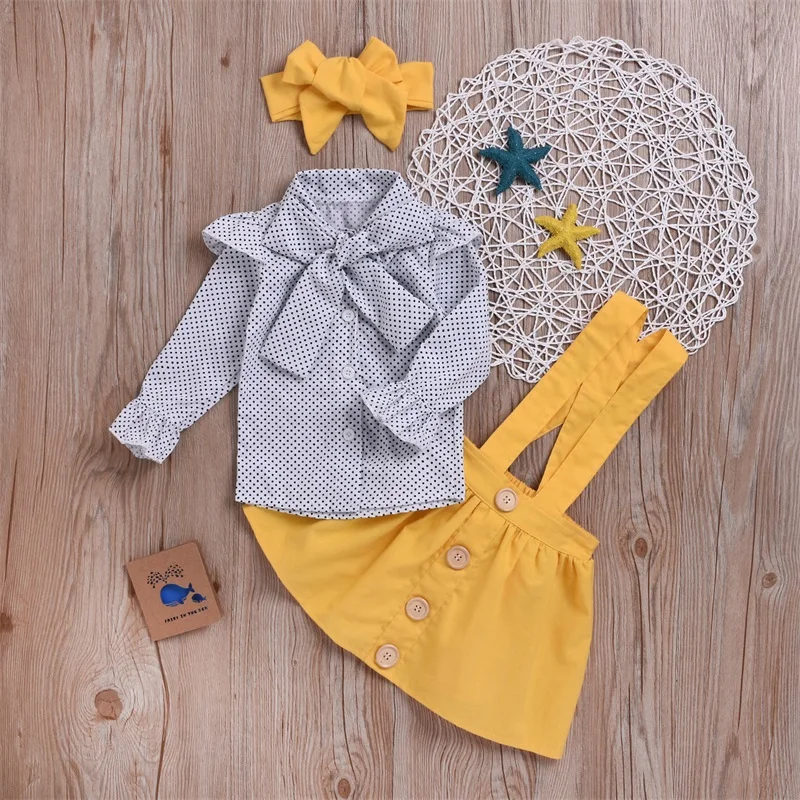 

Комплект одежды для девочек из 3 предметов, топ с принтом в горошек, бантом и оборками на рукавах и юбка, повязка на голову, детская одежда