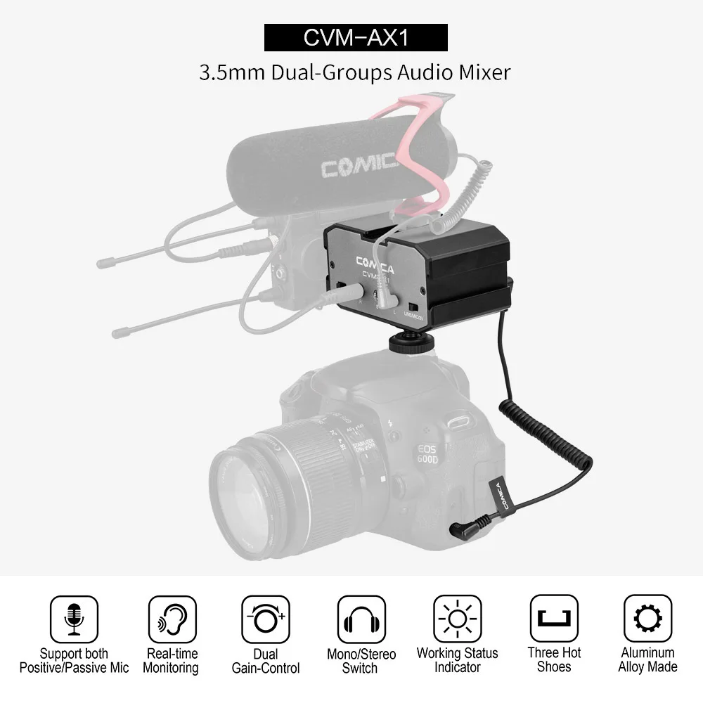 

COMICA CVM-AX1 Audio Mixer Adapter Universal Dual Channel 3.5mm Port Mixer Support Realtime Monitoring Mono/Stereo Output Switch
