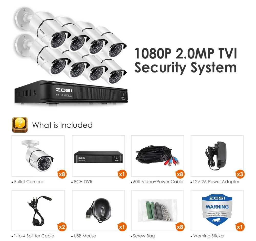 ZOSI 8-канальный сетевой видеорегистратор 1080P 4 в 1 TVI CVBS AHD CVI DVR 2MP Водонепроницаемый открытый безопасности видео Камера DVR комплект видеонаблюдения Системы