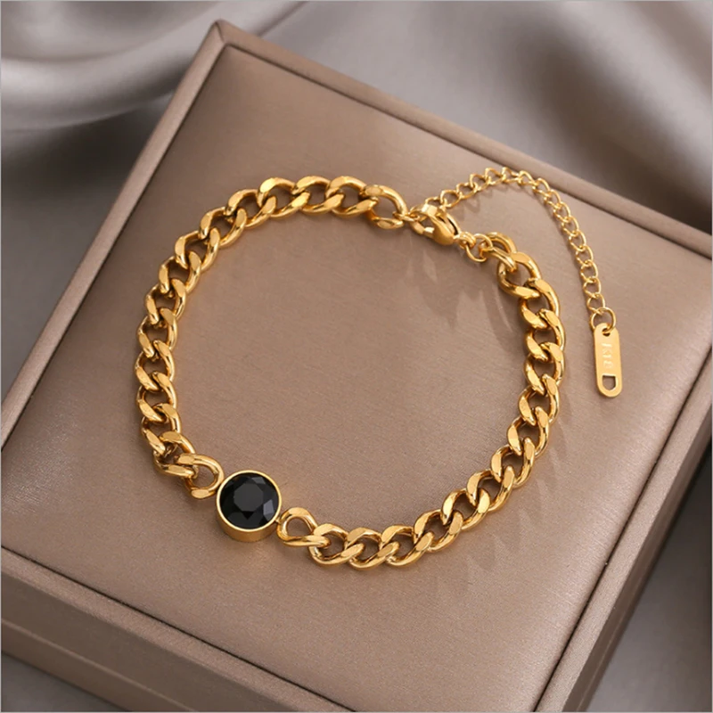 

XIYANIKE 316L Stainless Steel Black Crystal Gold Color Thick Chain Bracelets 2021 New For Women Men Fashion Party Jewelry Gift