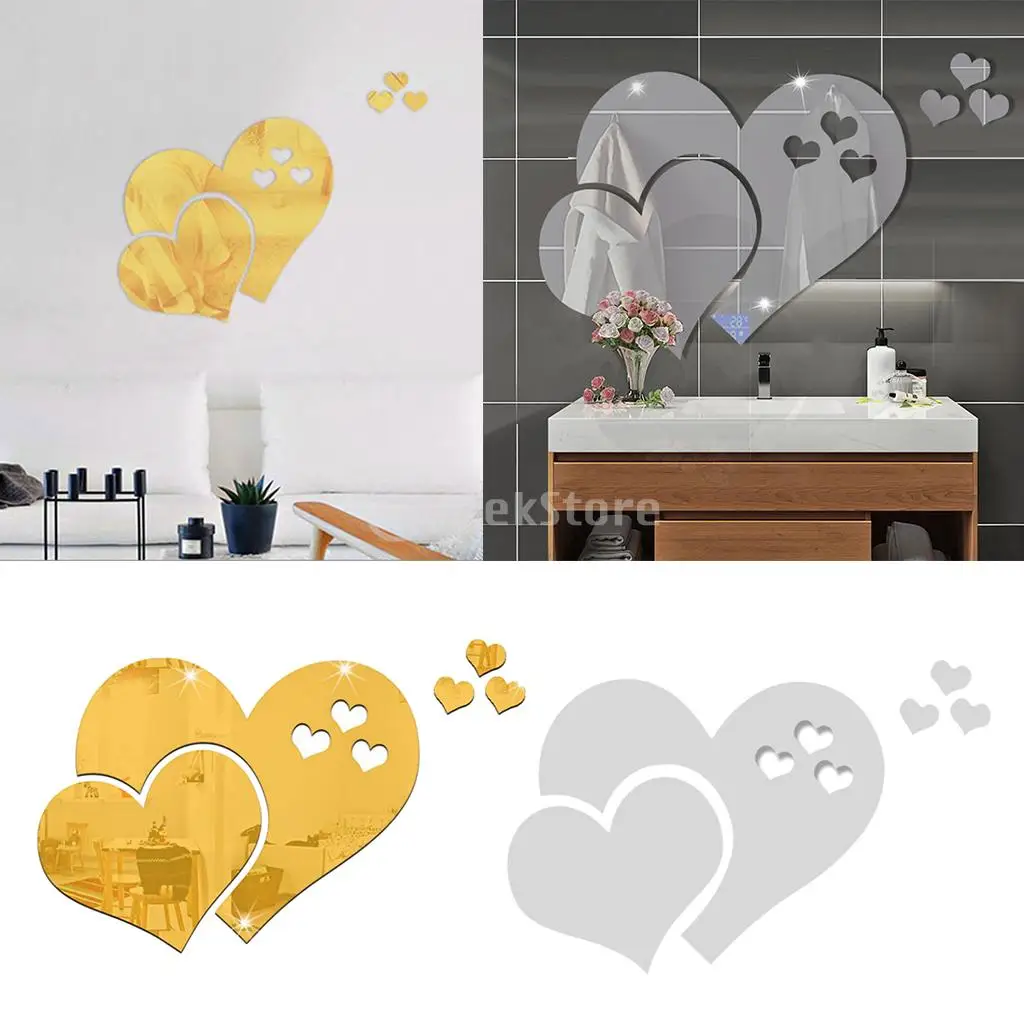

Plastic 3D Love Heart Mirror Wall Sticker Decal Home Bedroom Decor Art