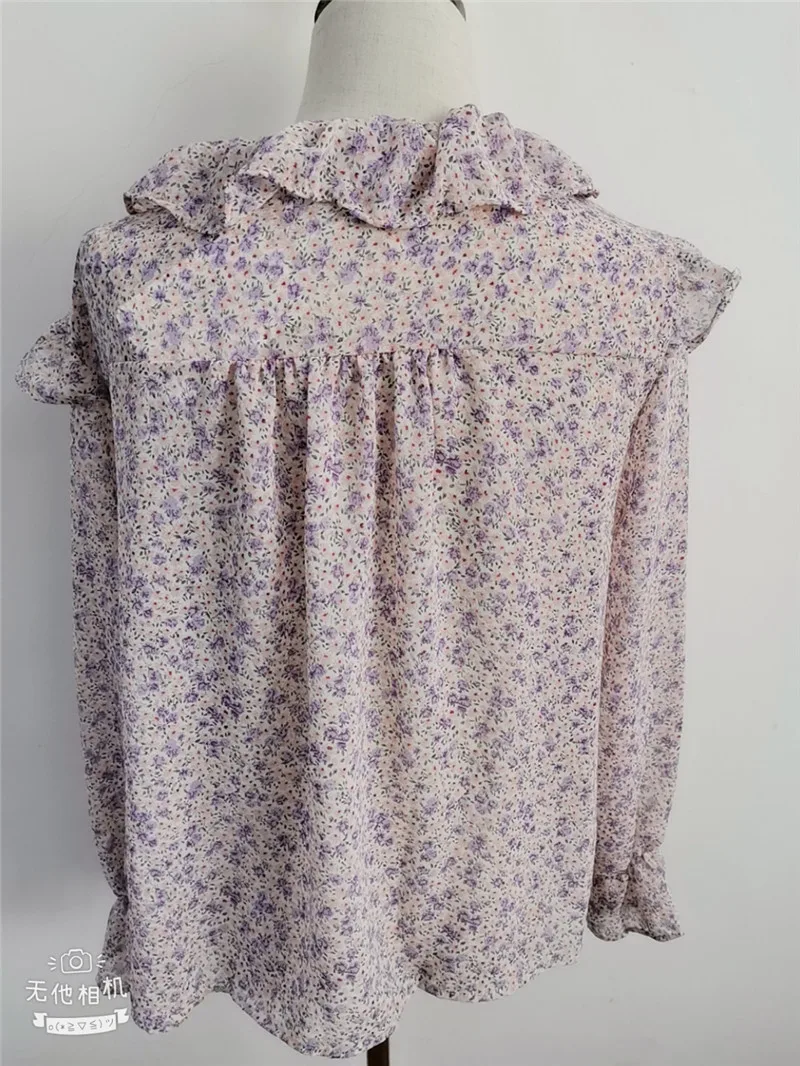 

women's blouse shirt korean style vintage ruffled collar print blouse flare sleeve blusas chiffon tops 2020