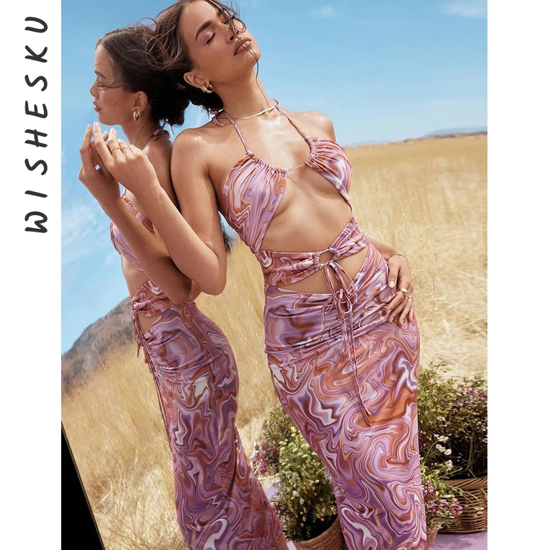 

Ruched Swamp Printed Sexy Midi Dress Women Backless Cut Out Bodycon Dresses Elegant Casual Club Robe 2021 Summer Club Outfits