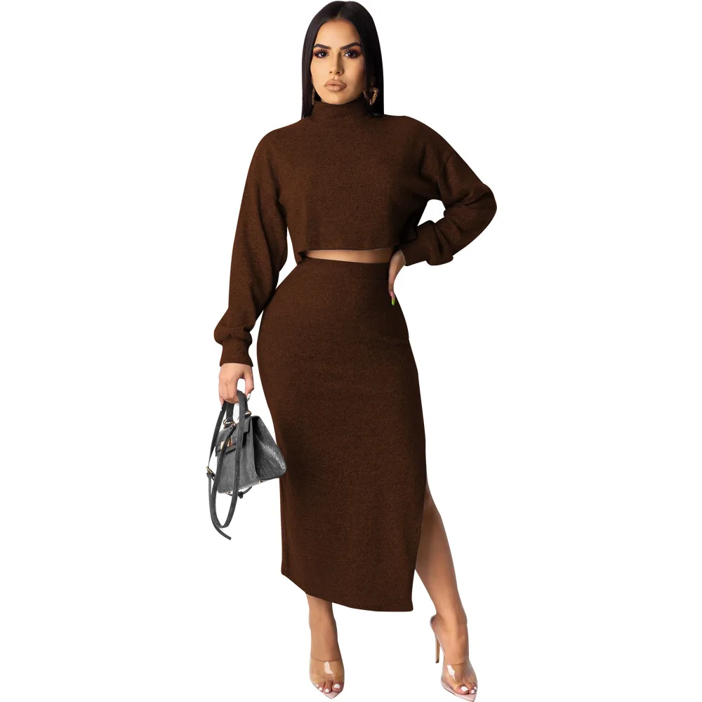 

Hot Sexy Turtleneck Long Sleeve Slit Dress Two-Piece Nightclub Dress Summer Solid Color Short Top and Dress Sets